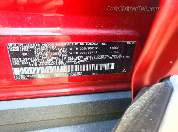 2T3F1RFVXMW149113 2021 TOYOTA RAV4 Red Vista de la etiqueta del VIN