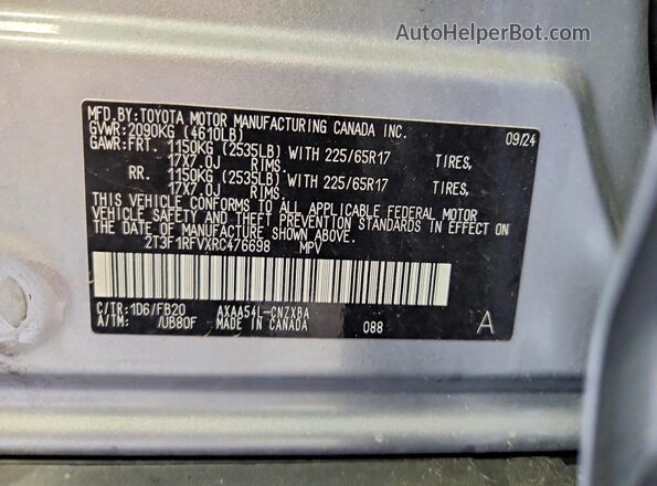 2T3F1RFVXRC476698 2024 TOYOTA RAV4 Silver Widok naklejki z numerem VIN