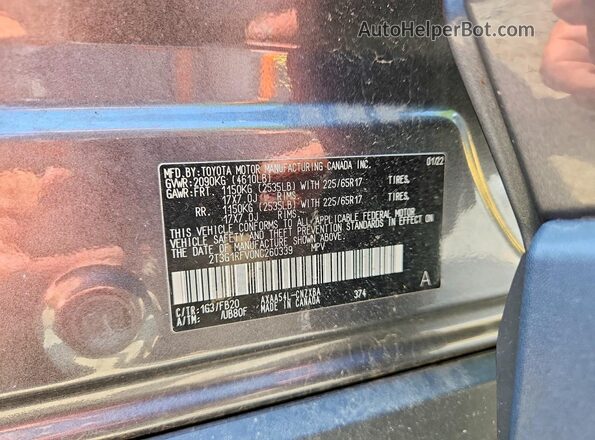 2T3G1RFV0NC260339 2022 TOYOTA RAV4 Gray Вид наклейки з VIN-кодом