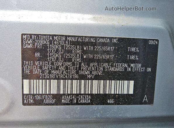 2T3G1RFV1RC478196 2024 TOYOTA RAV4 Silver Вид наклейки з VIN-кодом