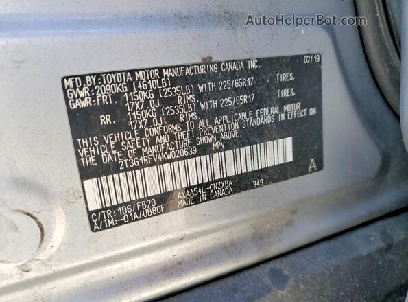 2T3G1RFV4KW020639 2019 TOYOTA RAV4 Gray Вид наклейки з VIN-кодом