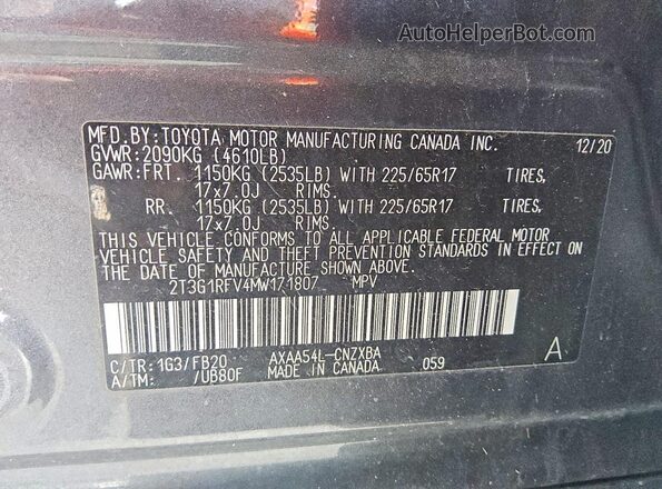 2T3G1RFV4MW171807 2021 TOYOTA RAV4 Gray VIN კოდის სტიკერის ხედი