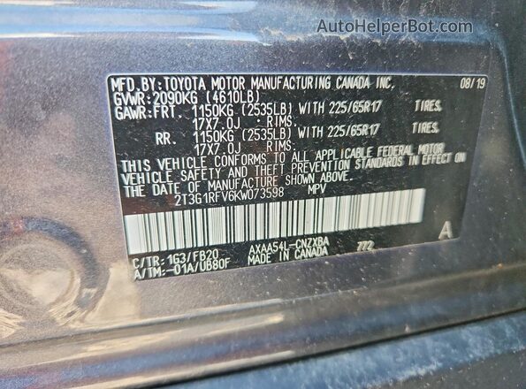 2T3G1RFV6KW073598 2019 TOYOTA RAV4 Gray Widok naklejki z numerem VIN