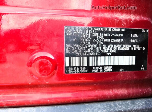 2T3G1RFV7KW061640 2019 TOYOTA RAV4 Красный Вид наклейки с VIN-кодом