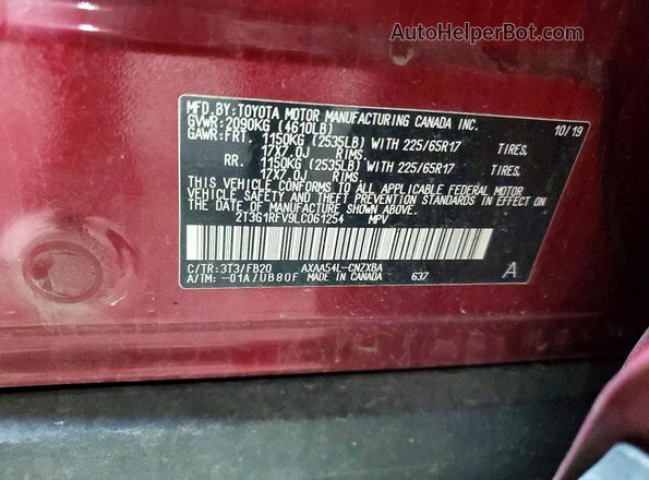 2T3G1RFV9LC061254 2020 TOYOTA RAV4 Красный Вид наклейки с VIN-кодом