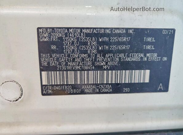 2T3G1RFV9MC198454 2021 TOYOTA RAV4 Белый Вид наклейки с VIN-кодом