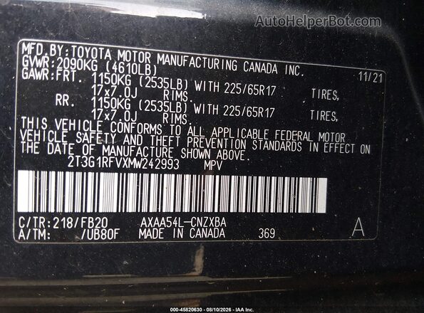 2T3G1RFVXMW242993 2021 TOYOTA RAV4 Black ძრავის განყოფილების ხედი