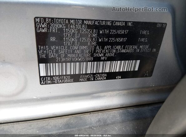 2T3H1RFV0KW051889 2019 TOYOTA RAV4 Серебряный Вид подкапотного пространства