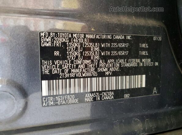 2T3H1RFV0LW088765 2020 TOYOTA RAV4 Gray Vista interior de 360 grados