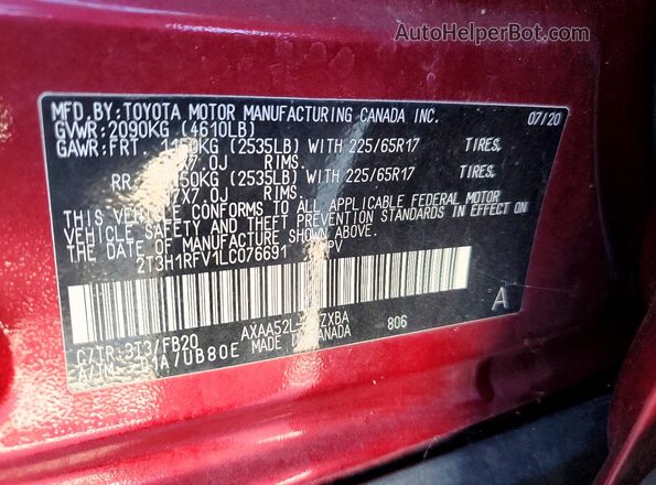 2T3H1RFV1LC076691 2020 TOYOTA RAV4 Red VIN կոդի պիտակի տեսք