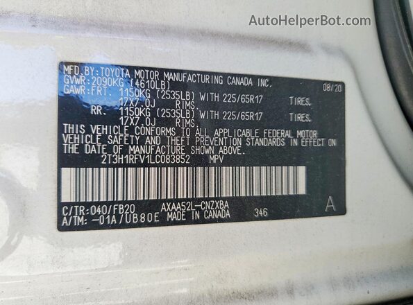2T3H1RFV1LC083852 2020 TOYOTA RAV4 White Widok wnętrza 360 stopni