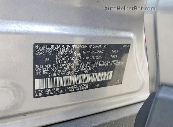 2T3H1RFV1LC085407 2020 TOYOTA RAV4 Silver Widok naklejki z numerem VIN