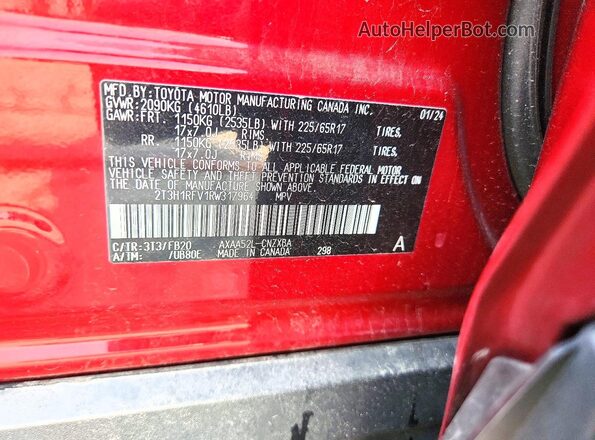 2T3H1RFV1RW317964 2024 TOYOTA RAV4 Red Widok naklejki z numerem VIN