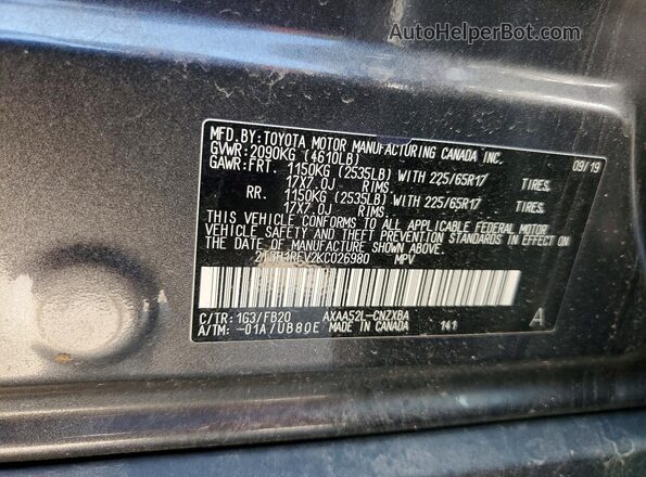 2T3H1RFV2KC026980 2019 TOYOTA RAV4 Gray Вид наклейки з VIN-кодом