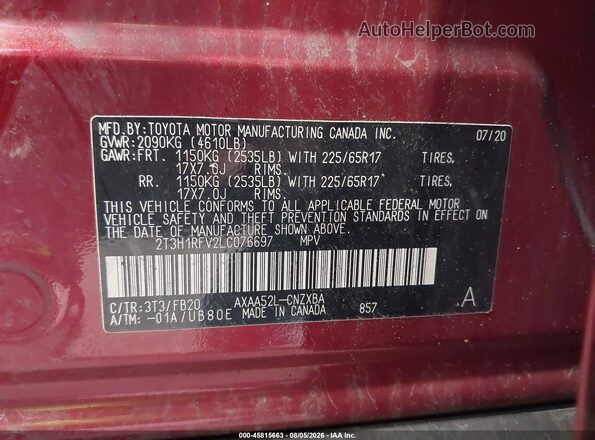 2T3H1RFV2LC076697 2020 TOYOTA RAV4 Red Вид підкапотного простору