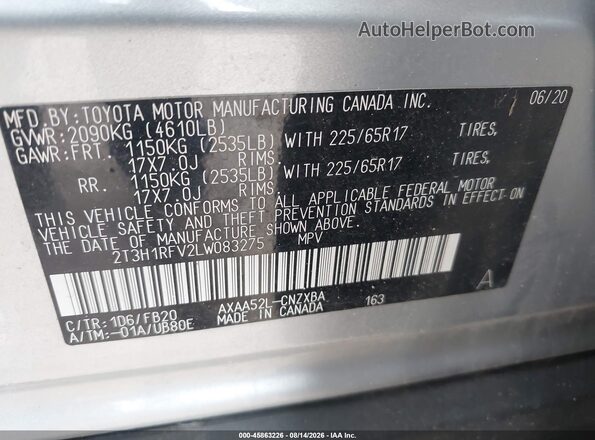 2T3H1RFV2LW083275 2020 TOYOTA RAV4 Silver Вид підкапотного простору