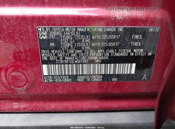 2T3H1RFV2LW087892 2020 TOYOTA RAV4 Red Vista del compartimento del motor