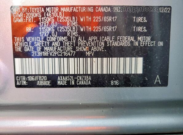 2T3H1RFV2PC216477 2023 TOYOTA RAV4 Silver VIN კოდის სტიკერის ხედი