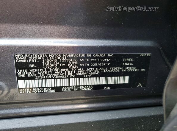 2T3H1RFV3KW037176 2019 TOYOTA RAV4 Gray VIN կոդի պիտակի տեսք