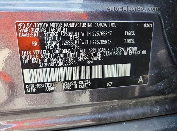 2T3H1RFV3RC275251 2024 TOYOTA RAV4 Gray VIN կոդի պիտակի տեսք