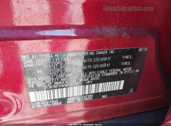 2T3H1RFV4KW036568 2019 TOYOTA RAV4 Красный Вид подкапотного пространства