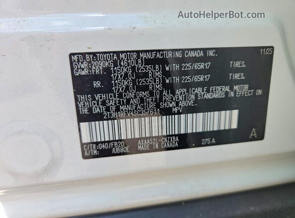 2T3H1RFV4SC357611 2025 TOYOTA RAV4 Белый Вид наклейки с VIN-кодом
