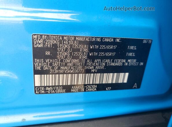 2T3H1RFV5KW036773 2019 TOYOTA RAV4 Blue 360 interior view