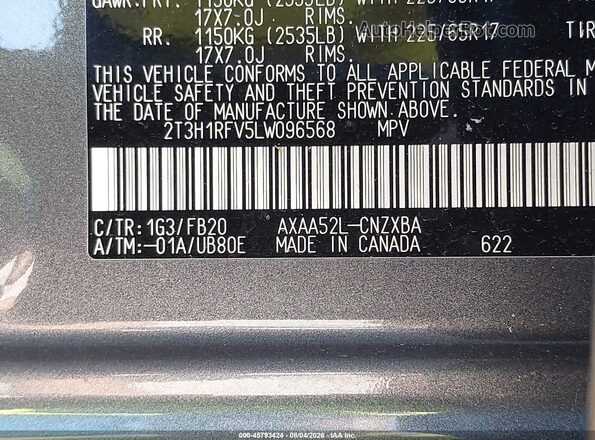 2T3H1RFV5LW096568 2020 TOYOTA RAV4 Gray Widok komory silnika