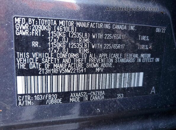 2T3H1RFV5NW221541 2022 TOYOTA RAV4 Gray VIN sticker view