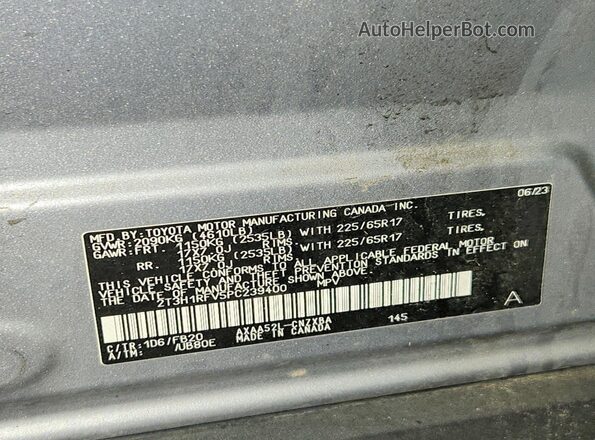 2T3H1RFV5PC239400 2023 TOYOTA RAV4 Silver VIN sticker view