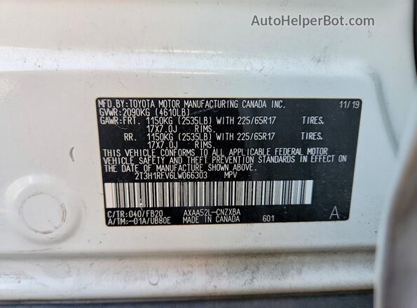 2T3H1RFV6LW066303 2020 TOYOTA RAV4 Белый Панорамный вид салона 360°