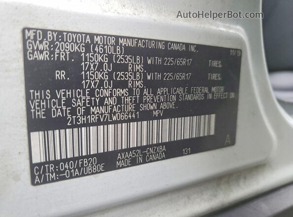 2T3H1RFV7LW066441 2020 TOYOTA RAV4 White Вид наклейки з VIN-кодом
