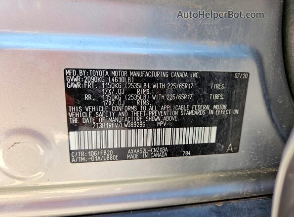 2T3H1RFV7LW089296 2020 TOYOTA RAV4 Silver VIN კოდის სტიკერის ხედი