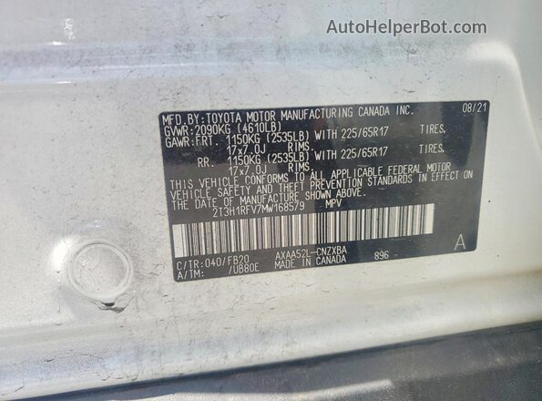 2T3H1RFV7MW168579 2021 TOYOTA RAV4 White Widok naklejki z numerem VIN