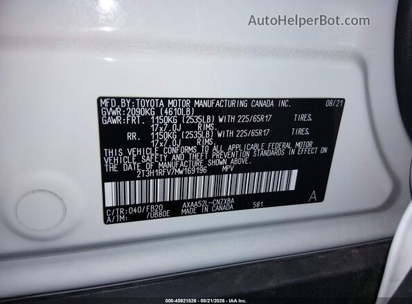 2T3H1RFV7MW169196 2021 TOYOTA RAV4 White ძრავის განყოფილების ხედი