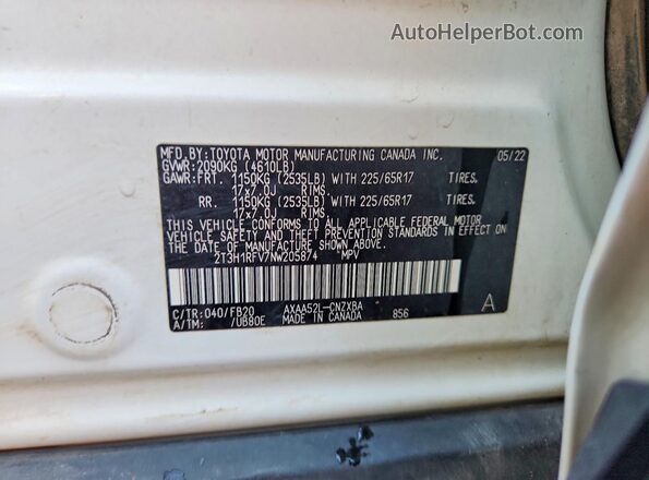 2T3H1RFV7NW205874 2022 TOYOTA RAV4 White Панорамний вид салону 360°