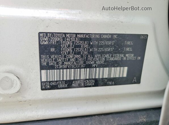 2T3H1RFV7SC337367 2025 TOYOTA RAV4 White VIN կոդի պիտակի տեսք