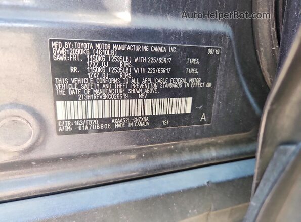 2T3H1RFV9KC026619 2019 TOYOTA RAV4 Gray VIN կոդի պիտակի տեսք