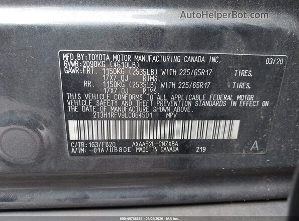 2T3H1RFV9LC064501 2020 TOYOTA RAV4 Gray Շարժիչի բաժամունքի տեսք