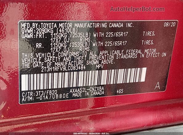 2T3H1RFV9LC083484 2020 TOYOTA RAV4 Red Widok komory silnika