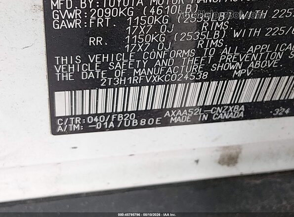 2T3H1RFVXKC024538 2019 TOYOTA RAV4 White Շարժիչի բաժամունքի տեսք