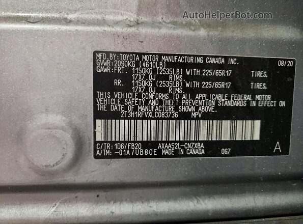 2T3H1RFVXLC083736 2020 TOYOTA RAV4 Gray VIN კოდის სტიკერის ხედი