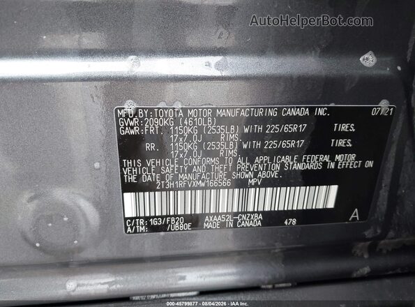 2T3H1RFVXMW166566 2021 TOYOTA RAV4 Gray Engine compartment view