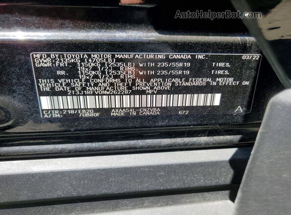 2T3J1RFV0NW262287 2022 TOYOTA RAV4 Black Вид наклейки з VIN-кодом