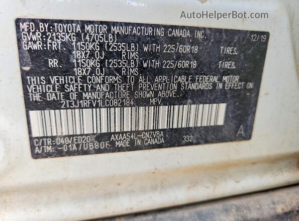 2T3J1RFV1LC082184 2020 TOYOTA RAV4 White VIN sticker view