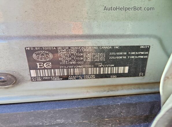 2T3J1RFV2MW212053 2021 TOYOTA RAV4 Gray Widok naklejki z numerem VIN
