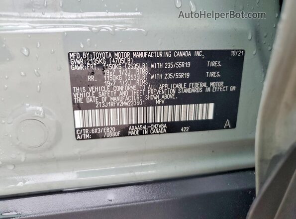 2T3J1RFV2MW233601 2021 TOYOTA RAV4 Green Вид наклейки з VIN-кодом