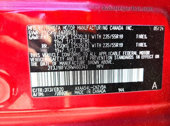 2T3J1RFV2RW460343 2024 TOYOTA RAV4 Red Widok wnętrza 360 stopni