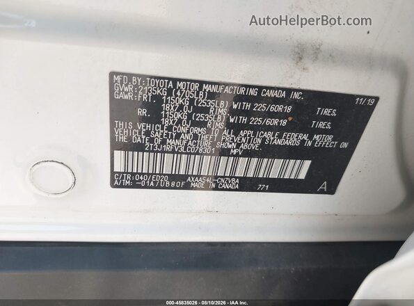 2T3J1RFV3LC078301 2020 TOYOTA RAV4 White Շարժիչի բաժամունքի տեսք
