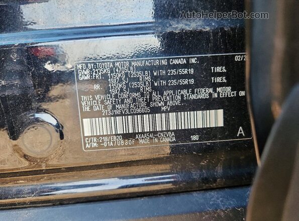 2T3J1RFV3LC096605 2020 TOYOTA RAV4 Black Widok naklejki z numerem VIN